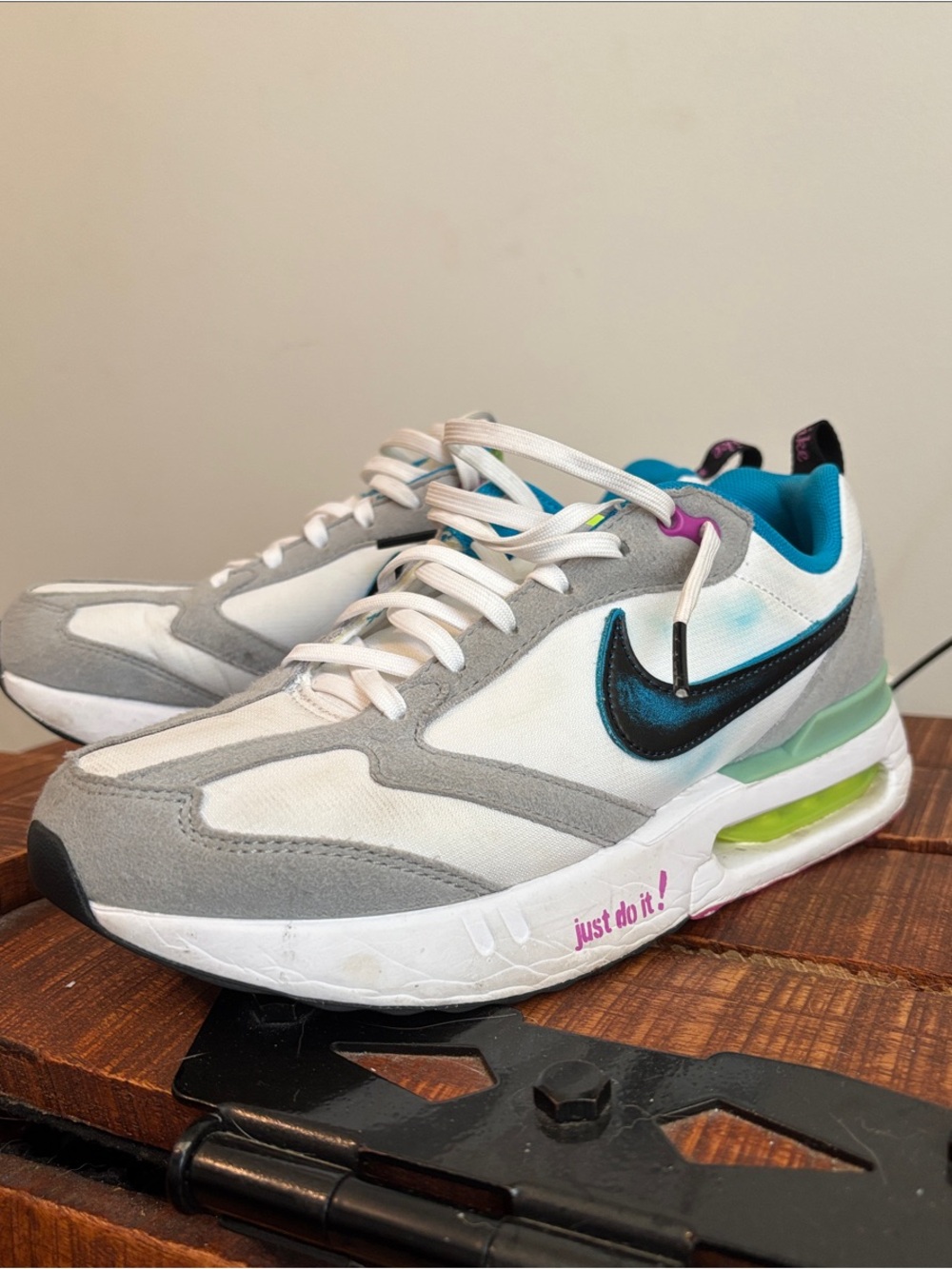 Nike Kids White & Gray Sneakers with Teal and Neon Green Accents